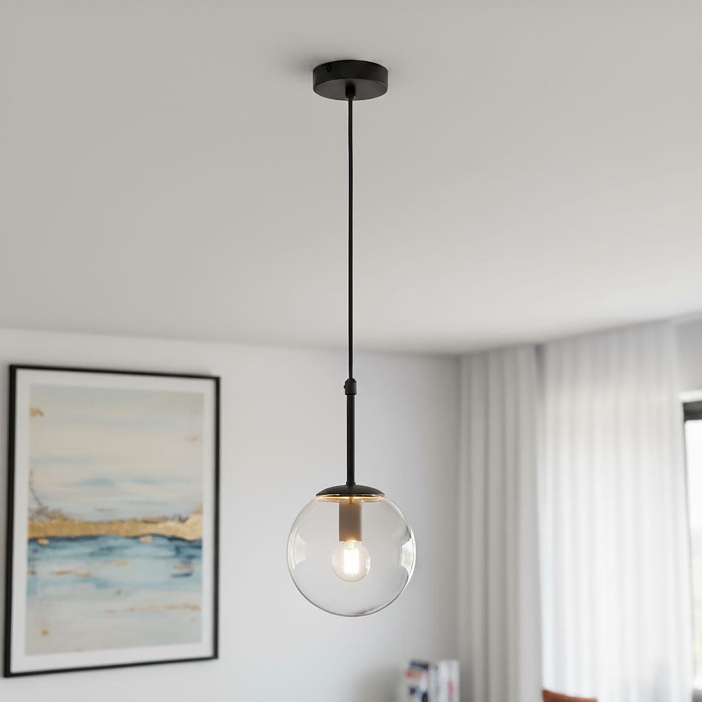 Lampa wisząca Sebia z czarnym metalowym mocowaniem i przezroczystym kulistym kloszem. Ujęcie z dołu, lampa zawieszona na cienkim przewodzie. W tle widoczny obraz w ramie oraz zasłony. E14, 1x żarówka.
