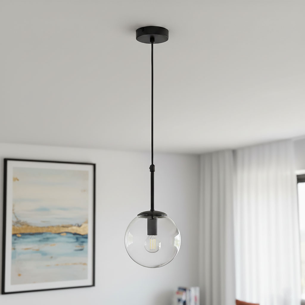 Lampa wisząca Sebia 1xE14 w kolorze czarnym, zawieszona na cienkim kablu. Okrągła, przezroczysta klosz z widoczną żarówką. Tło z białą ścianą i obrazem w ramie.
