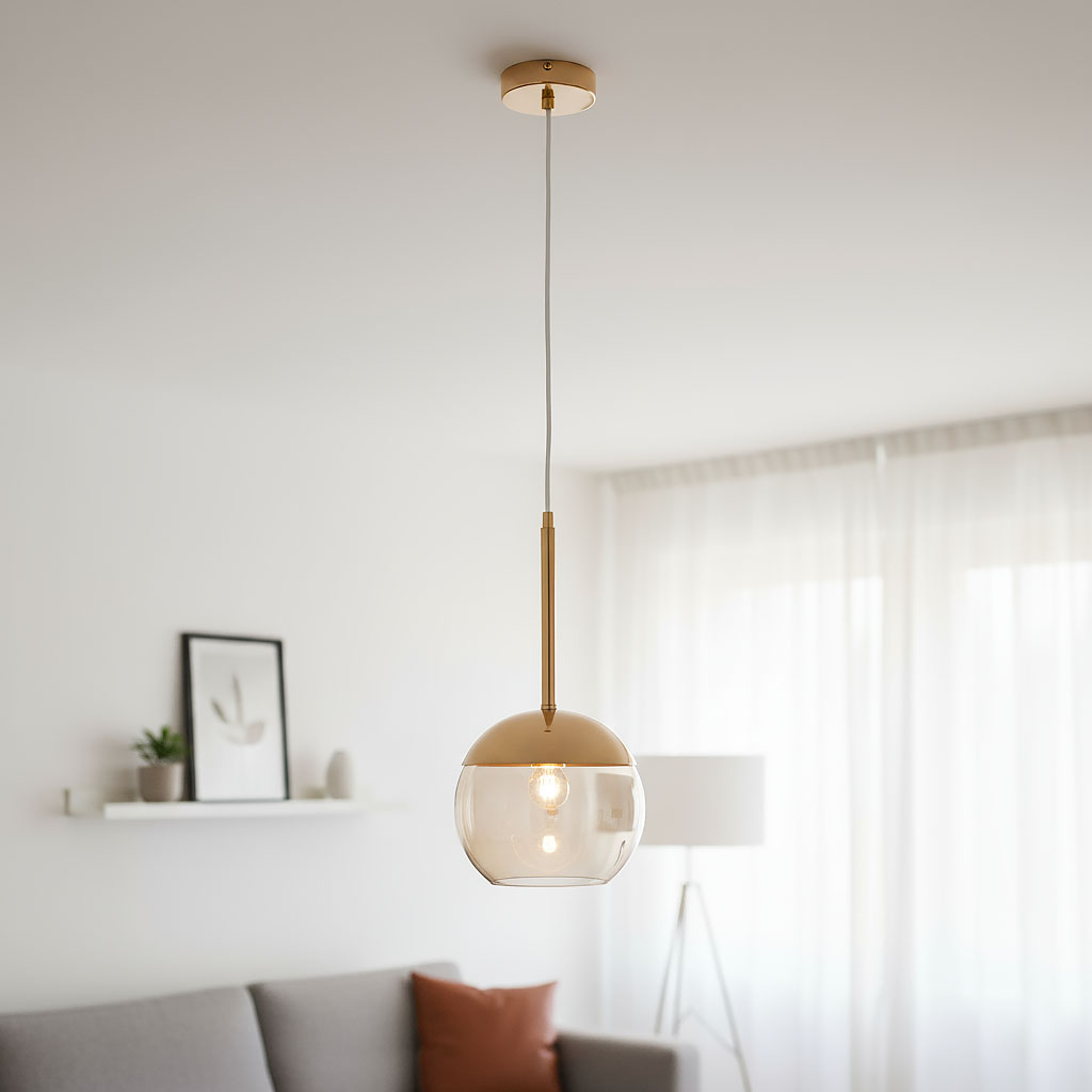 Lampa wisząca Volda 1-punktowa w kolorze złotym, z przezroczystym kloszem w kształcie kuli. Zawieszona na cienkim przewodzie, w otoczeniu jasnych ścian i mebli, tworzy nowoczesny akcent w aranżacji wnętrza.
