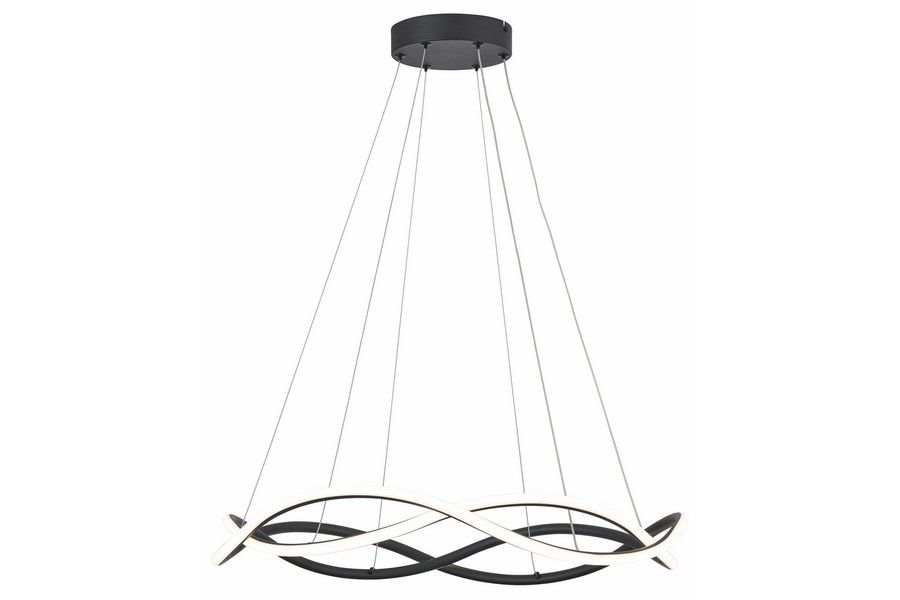 Lampa wisząca LED Amira 48W CCT w kolorze czarnym. Posiada nowoczesny design z falującymi, białymi elementami. Zawieszona na cienkich linkach, wykończona okrągłym, czarnym mocowaniem sufitowym. Idealna do nowoczesnych wnętrz.