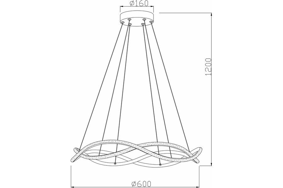 Lampa wisząca LED Amira 48W CCT w kolorze czarnym, o średnicy 600 mm i wysokości 1200 mm. Posiada nowoczesny design z falującymi elementami. Ujęcie frontalne, z widocznymi mocowaniami do sufitu.
