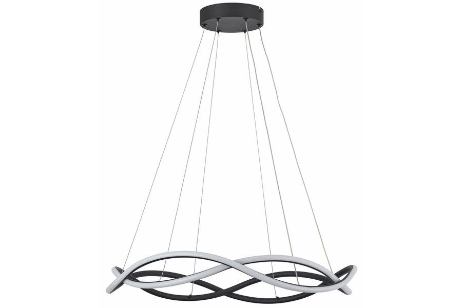 Lampa wisząca LED Amira 48W CCT w kolorze czarnym. Posiada nowoczesny, falisty kształt z elementami białymi, zawieszona na cienkich linkach. Ujęcie z przodu, pokazujące detal konstrukcji oraz czarny sufitowy uchwyt.