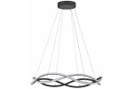 Lampa wisząca LED Amira 48W CCT w kolorze czarnym. Posiada nowoczesny, falisty kształt z elementami białymi, zawieszona na cienkich linkach. Ujęcie z przodu, pokazujące detal konstrukcji oraz czarny sufitowy uchwyt.