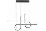 Lampa wisząca LED Barrel 32W CCT w kolorze czarnym, o nowoczesnym designie, z trzema elementami w różnych kształtach: prostokątnym, pionowym i okrągłym. Zawieszona na cienkich linkach, z zamocowaniem na suficie.