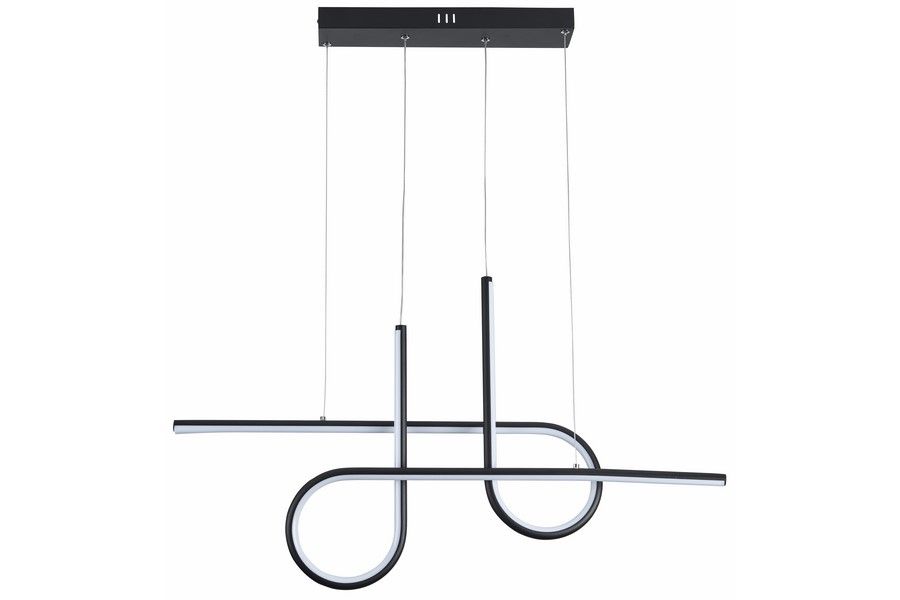 Lampa wisząca LED Barrel 32W CCT w kolorze czarnym, o nowoczesnym, geometrycznym kształcie z prostymi, zakrzywionymi liniami. Zawieszona na cienkich linkach, mocowana do sufitu. Idealna do nowoczesnych wnętrz.