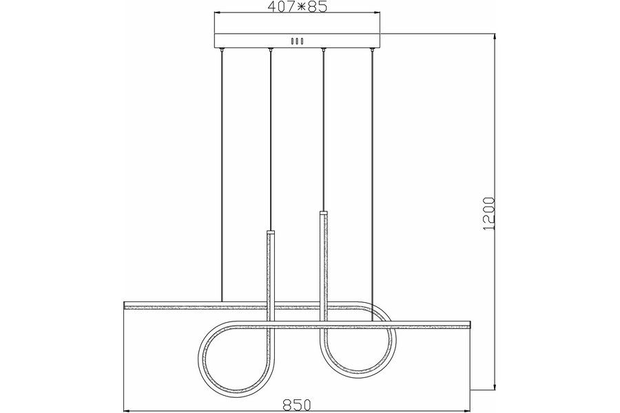 Lampa wisząca LED Barrel 32W CCT w kolorze czarnym, z prostokątnym, minimalistycznym stelażem oraz dwoma okrągłymi elementami świetlnymi. Wymiary: 850 mm szerokości, 1200 mm wysokości. Zawieszona na dwóch linach.