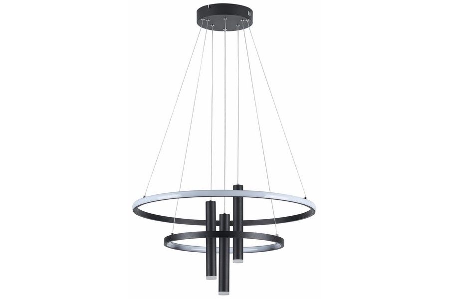 Lampa wisząca LED Amanda czarna, model 343005-30, z dwoma okręgami oraz trzema pionowymi elementami. Źródło światła 40W+9W, barwa 4000K. Zawieszona na cienkich linkach, z okrągłym stelażem montażowym.