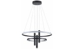 Lampa wisząca LED Amanda czarna, model 343005-30, z dwoma okręgami oraz trzema pionowymi elementami. Źródło światła 40W+9W, barwa 4000K. Zawieszona na cienkich linkach, z okrągłym stelażem montażowym.