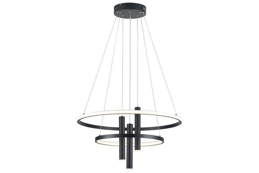 Lampa wisząca LED Amanda w kolorze czarnym z trzema cylindrycznymi elementami. Składa się z dwóch okręgów, jeden większy na zewnątrz, drugi mniejszy w środku. Oświetlenie o mocy 40W i 9W, temperatura barwowa 4000K. Zawieszona na cienkich linkach.