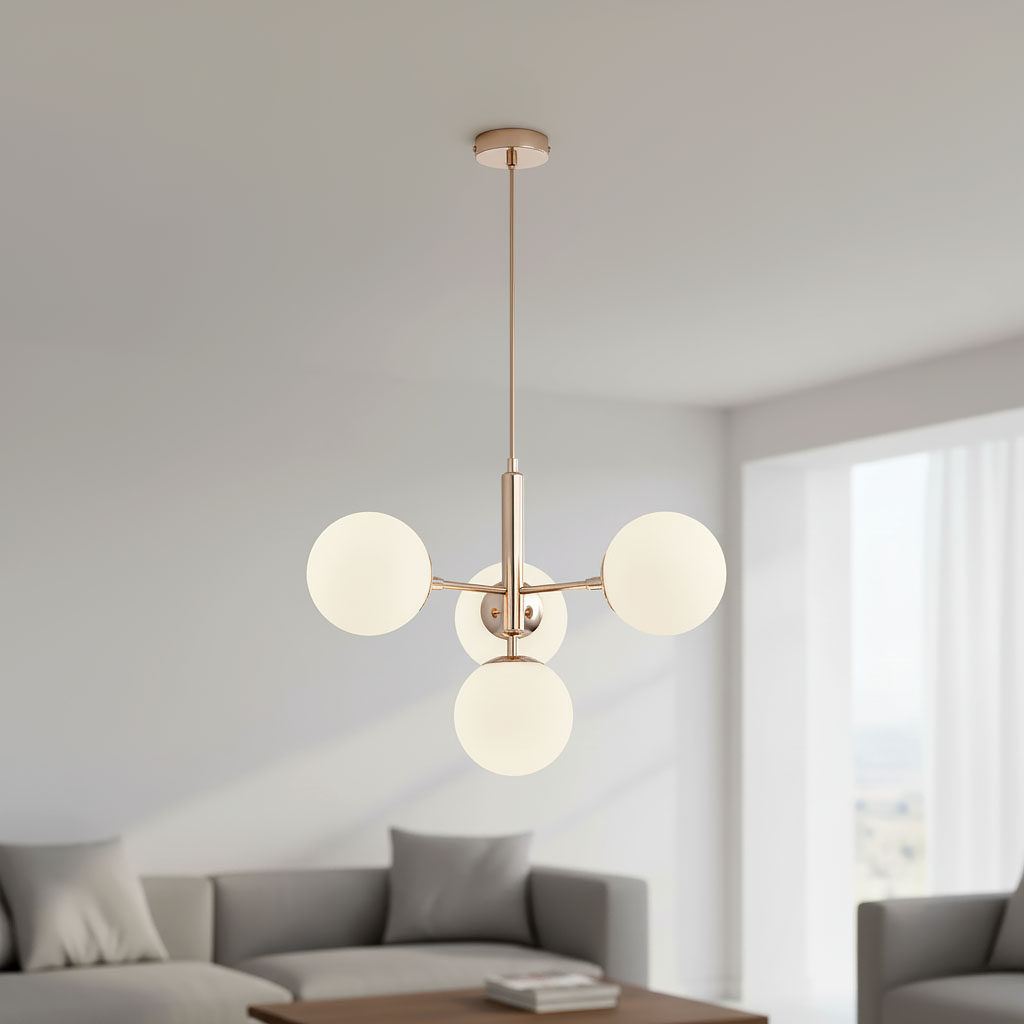 Lampa wisząca Volda Picolo 4-punktowa w kolorze złotym z czterema okrągłymi kloszami z matowego szkła. Produkt zawieszony na cienkim drucie, w aranżacji salonu z szarym sofą i drewnianym stolikiem.