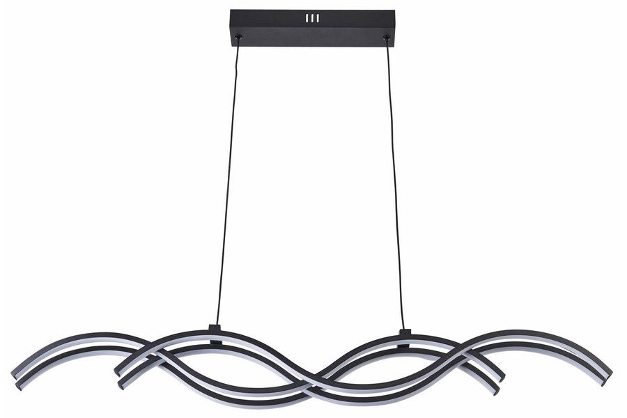 Lampa wisząca LED Aruba 40W CCT w kolorze czarnym z falistym kształtem. Posiada trzy zakrzywione elementy w dwóch odcieniach, zawieszone na cienkich linkach. Montaż na płaskim suficie, minimalistyczny design, idealna do nowoczesnych wnętrz.