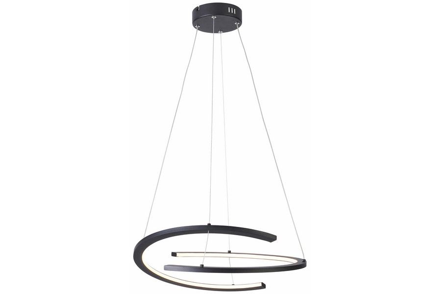 Czarna lampa wisząca LED Ancor 30W CCT o nowoczesnym, minimalistycznym designie, składająca się z dwóch koncentrycznych pierścieni, zawieszona na cienkich linkach, idealna do nowoczesnych wnętrz.