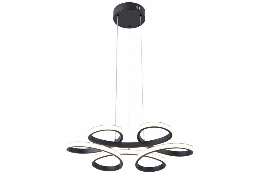 Lampa wisząca LED Burton 40W CCT w kolorze czarnym. Posiada nowoczesny design z trzema falistymi pierścieniami w kolorze białym, zawieszona na cienkich linkach. Kąt ujęcia: frontalny, z góry. Idealna do nowoczesnych wnętrz.