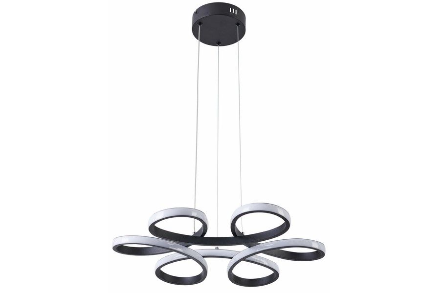Lampa wisząca LED 40W CCT w kolorze czarnym, złożona z pięciu elastycznych, zakrzywionych elementów w odcieniach czerni i bieli. Montaż na suficie, z regulowanymi linkami. Nowoczesny design, idealna do wnętrz.