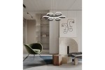Lampa wisząca LED Burton 40W CCT w kolorze czarnym, z nowoczesnym, abstrakcyjnym wzorem. Zawieszona w stylowym wnętrzu, nad stolikiem, w otoczeniu zielonego fotela i minimalistycznych dekoracji. Jasne światło podkreśla nowoczesny design.