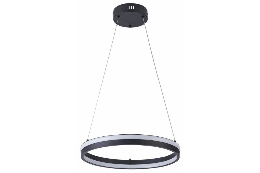 Lampa wisząca LED Proxima, 32W, w kolorze czarnym, o okrągłym kształcie. Zawieszona na cienkich linkach, z górną mocowaniem na suficie. Posiada dwa pierścienie: zewnętrzny czarny i wewnętrzny biały. Idealna do nowoczesnych wnętrz.