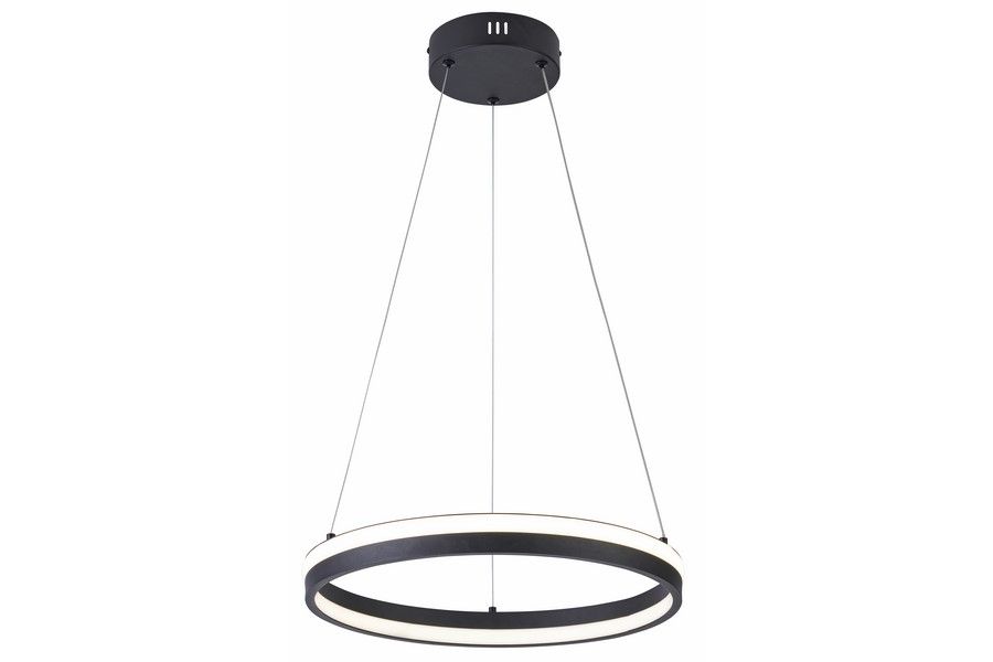 Lampa wisząca LED Proxima 32W CCT w kolorze czarnym, okrągła, zawieszona na cienkich linkach. Posiada metalowy element montażowy oraz podświetlenie w formie białego pierścienia. Idealna do nowoczesnych aranżacji wnętrz.