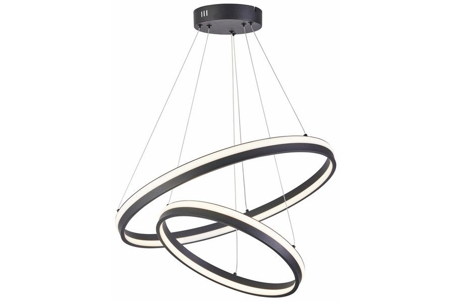 Lampa wisząca LED Proxima, czarna, z dwoma okrągłymi pierścieniami, zawieszona na cienkich linkach. Główne źródło światła 40W, dodatkowe 24W CCT. Kształt nowoczesny, idealna do współczesnych wnętrz. Tło neutralne.