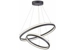 Lampa wisząca LED Proxima, czarna, z dwoma okrągłymi pierścieniami, zawieszona na cienkich linkach. Główne źródło światła 40W, dodatkowe 24W CCT. Kształt nowoczesny, idealna do współczesnych wnętrz. Tło neutralne.
