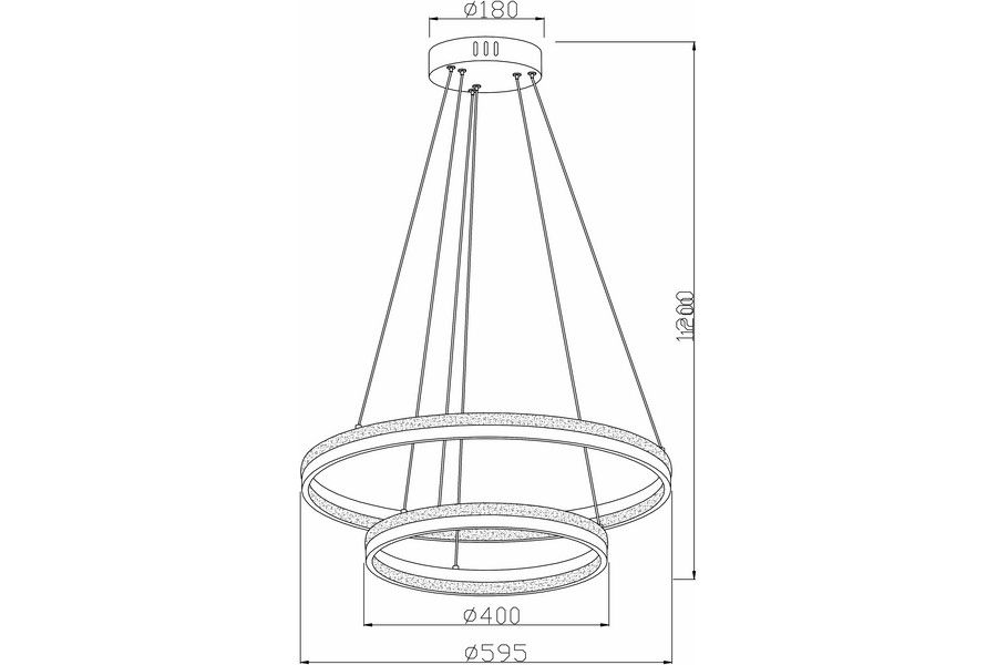 Lampa wisząca LED Proxima o mocy 40W i 24W CCT w kolorze czarnym. Posiada dwa okrągłe pierścienie o średnicy 400 mm i 595 mm, zwisająca na cienkich linkach. Wysokość całkowita wynosi 1200 mm, idealna do nowoczesnych wnętrz.