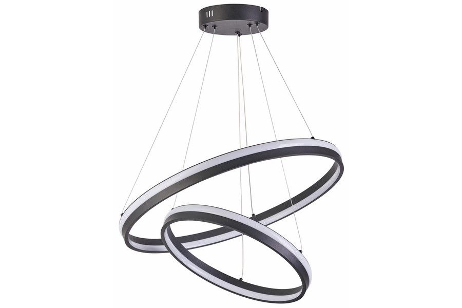 Lampa wisząca LED Proxima 40W z dwoma okrągłymi pierścieniami w kolorze czarnym i białym, zawieszona na cienkich linkach. Wymiary pierścieni różnią się, tworząc nowoczesny wygląd. Montaż sufitowy, idealna do wnętrz.