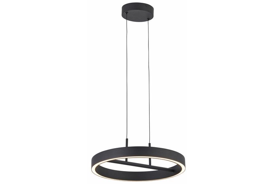 Lampa wisząca LED Coltrain 32W CCT w kolorze czarnym, o nowoczesnym designie. Okrągła, z cienkim metalowym korpusem i podświetleniem LED wzdłuż krawędzi. Zawieszona na dwóch cienkich linkach, z okrągłym mocowaniem sufitowym.