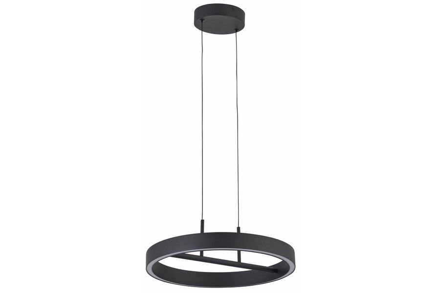 Lampa wisząca LED Coltrain 32W CCT w kolorze czarnym, o okrągłym kształcie. Ujęcie z boku, zawieszona na cienkich linkach, z widocznym pierścieniem świetlnym na krawędzi. Prosta forma, idealna do nowoczesnych wnętrz.
