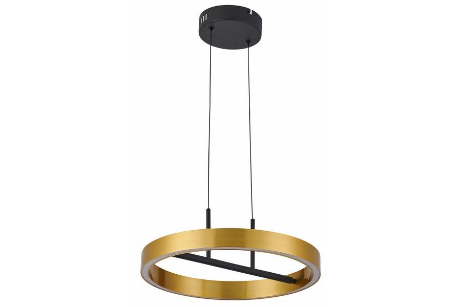 Lampa wisząca LED Coltrain 32W w kolorze czarnym i złotym, z okrągłym, metalowym kloszem. Zawieszona na dwóch cienkich linkach, z elementem w kształcie litery L w czerni. Prosta konstrukcja, idealna do nowoczesnych wnętrz.