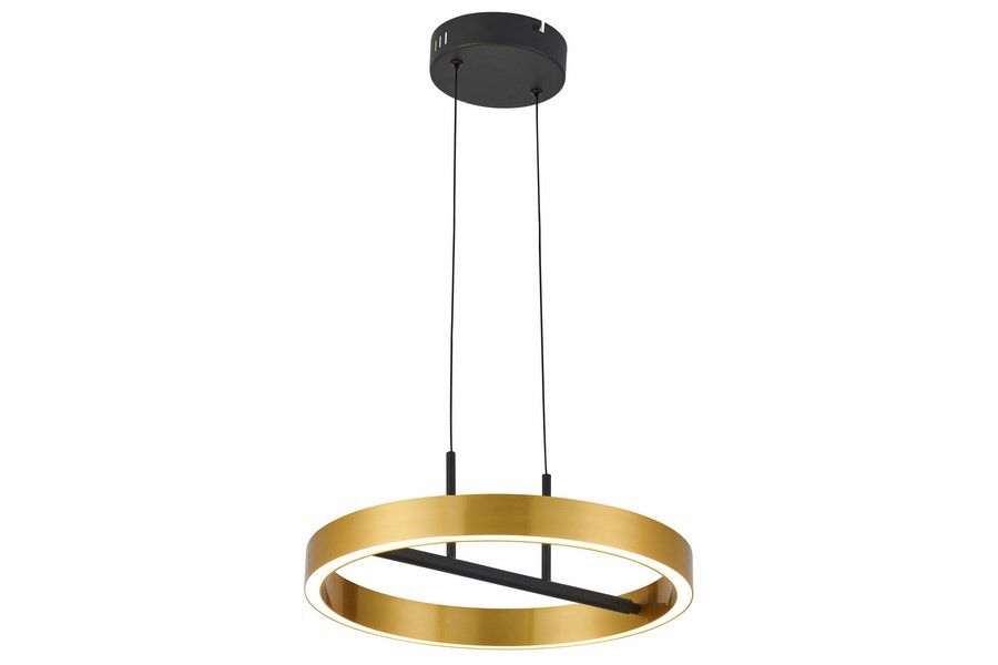Lampa wisząca LED Coltrain 32W CCT w kolorze czarnym i złotym. Okrągła, metalowa konstrukcja z czarnym elementem w środku. Zawieszona na dwóch cienkich linkach, prezentuje nowoczesny design. Wymiary i detale nieczytelne.