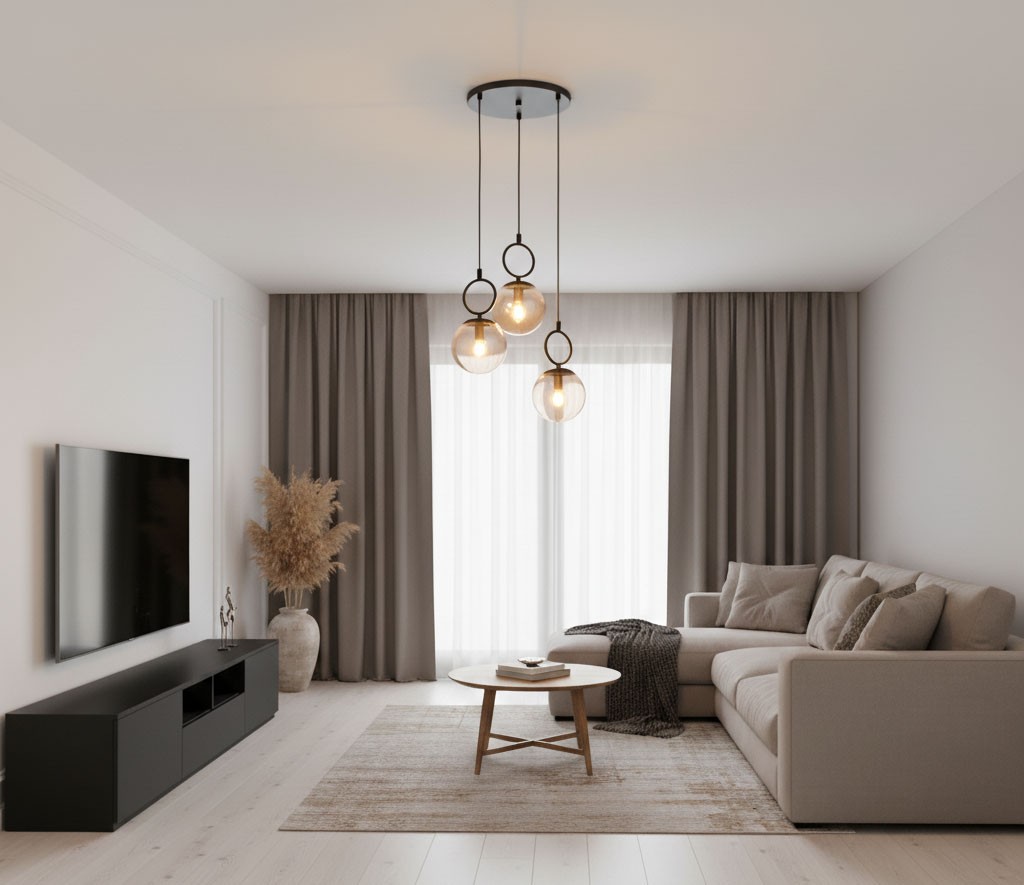 Lampa wisząca Sitro z trzema żarówkami E14 w kolorze czarnym i bursztynowym, zawieszona na cienkich linkach. Okrągłe klosze z bursztynowego szkła, umieszczone w różnych wysokościach, w nowoczesnym wnętrzu z szaro-beżowymi tonami.