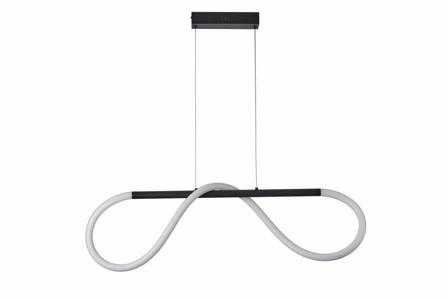 Czarna lampa wisząca LED Savanah 16W 4000K z unikalnym, podwójnym kształtem w formie pętli. Zawieszona na cienkich linkach, idealna do nowoczesnych wnętrz. Wymiary i detale konstrukcyjne nie są widoczne.