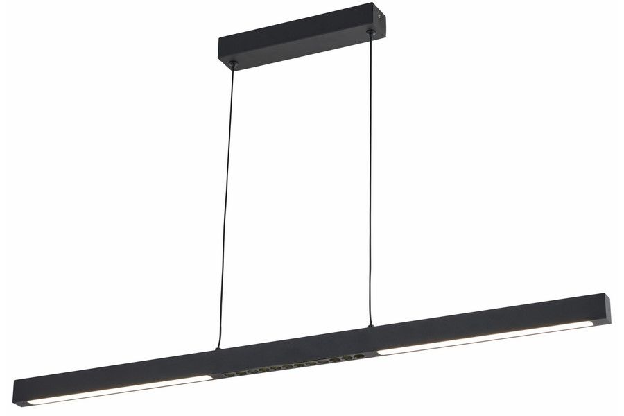 Lampa wisząca LED Cassie 20W 4000K w kolorze czarnym, o prostokątnym kształcie, zawieszona na dwóch cienkich linkach. Posiada minimalistyczny design i dwa źródła światła na końcach. Montowana do sufitu, na jednolitym tle.
