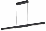 Lampa wisząca LED Cassie 20W 4000K w kolorze czarnym, o prostokątnym kształcie, zawieszona na dwóch cienkich linkach. Posiada minimalistyczny design i dwa źródła światła na końcach. Montowana do sufitu, na jednolitym tle.