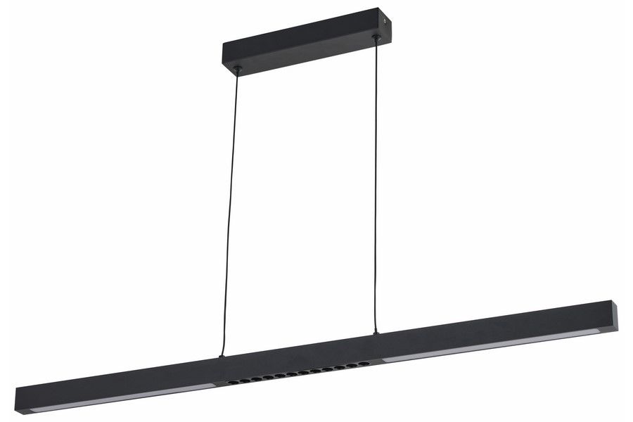 Lampa wisząca LED Cassie 20W 4000K w kolorze czarnym, o prostokątnym kształcie. Zawieszona na cienkich linkach, z metalowym mocowaniem. Wykończenie matowe, z widocznymi otworami wentylacyjnymi w dolnej części.