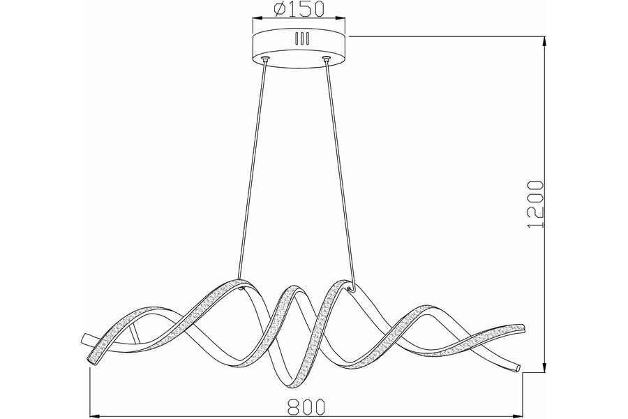 Lampa wisząca LED Quoto 40W CCT w kolorze czarnym, o falistym kształcie. Wymiary: średnica 150 mm, długość 1200 mm. Uchwyt sufitowy z widocznymi przewodami, prezentująca nowoczesny design.