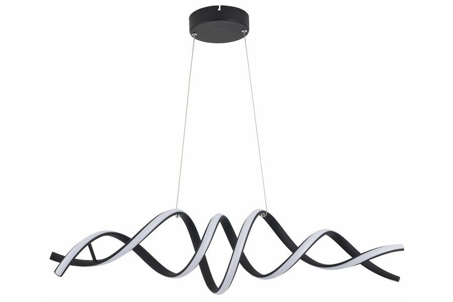 Lampa wisząca LED 40W CCT w kolorze czarnym, o falistym kształcie. Wykończenie z matowego materiału, zawieszona na cienkich linkach. U góry widoczny okrągły uchwyt montażowy. Idealna do nowoczesnych wnętrz.