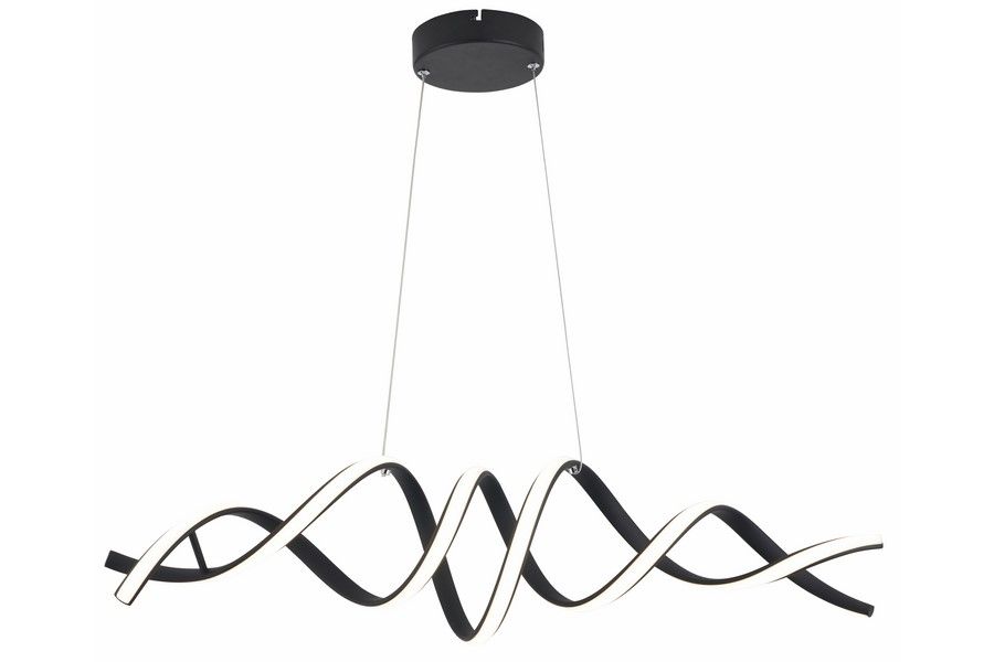 Lampa wisząca LED Quoto 40W CCT w kolorze czarnym. Posiada falistą konstrukcję z białymi elementami, zawieszona na cienkich linkach. Ujęcie frontalne, na jednolitym tle, eksponujące nowoczesny design. Idealna do nowoczesnych wnętrz.