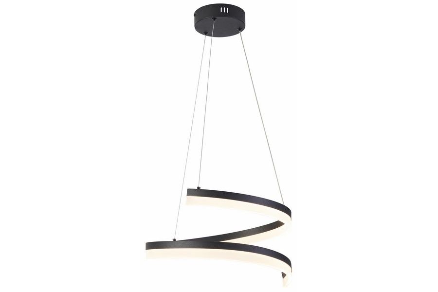 Lampa wisząca LED Manacor 28W CCT w kolorze czarnym. Posiada dwie faliste listwy świetlne w kolorze białym, zawieszone na cienkich przewodach. Montaż sufitowy, elegancki design, odpowiednia do nowoczesnych wnętrz.