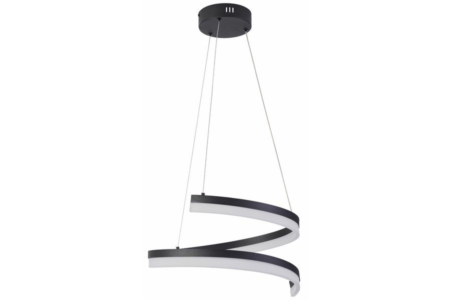 Lampa wisząca LED Manacor 28W CCT w kolorze czarnym z dwoma spiralnymi paskami. Produkt zawieszony na cienkich linach, z okrągłym mocowaniem sufitowym. Nowoczesny design, idealna do współczesnych wnętrz.
