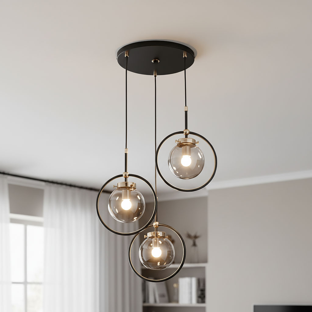 Lampa wisząca Akira 3-punktowa w kolorze czarnym i złotym, z trzema okrągłymi kloszami z przezroczystego szkła zawieszonymi na cienkich linkach. Ujęcie z góry, pokazujące sufitową podstawę. Idealna do nowoczesnych wnętrz.