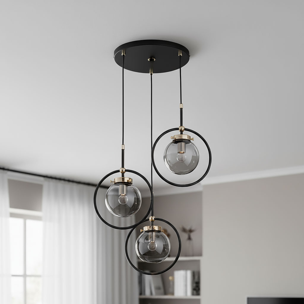 Lampa wisząca Akira 3-punktowa w kolorze czarnym i złotym. Posiada trzy szklane klosze zawieszone na cienkich, czarnych linkach, umieszczone na okrągłej, czarnej podstawie sufitowej. Klosze mają metalowe elementy w kolorze złotym.