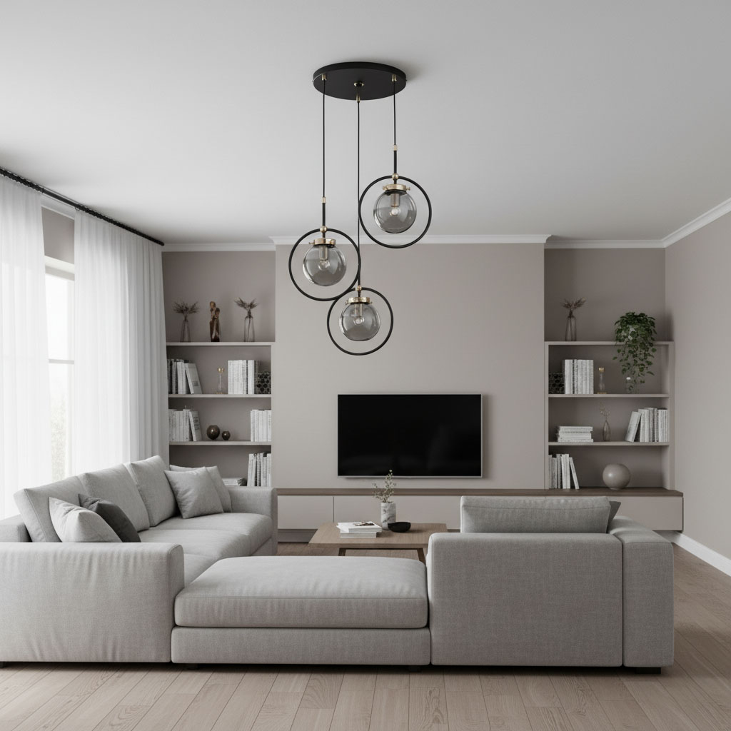 Lampa wisząca Akira 3-punktowa w kolorze czarnym i złotym, z trzema szklanymi kloszami zawieszonymi w okręgach, montowana na czarnej podsufitce. Produkt umieszczony w nowoczesnym wnętrzu z szarymi meblami i telewizorem na ścianie.