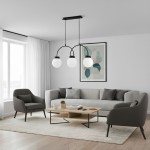 Lampa wisząca Darso 3xE14 w kolorze czarnym, z okrągłymi, białymi kloszami. Zawieszona na trzech łukowatych ramionach, umieszczona na prostokątnej podsufitce. W tle widoczny nowoczesny salon z szarym kanapą i stolikiem kawowym.