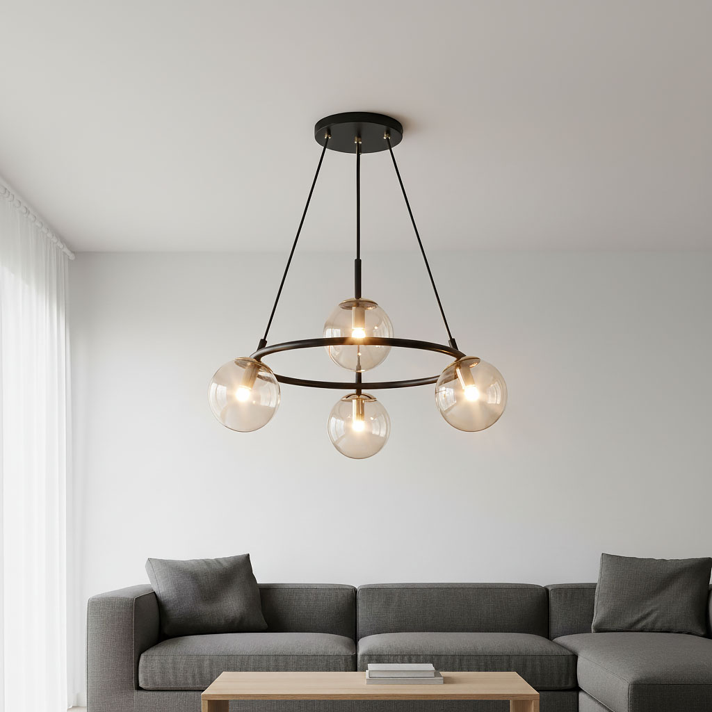 Lampa wisząca Ringo z czarnym metalowym stelażem i czterema bursztynowymi kulami szklanymi. Zawieszona na trzech linkach, z centralnym okręgiem, w nowoczesnym wnętrzu nad szarym sofą i drewnianym stołem.
