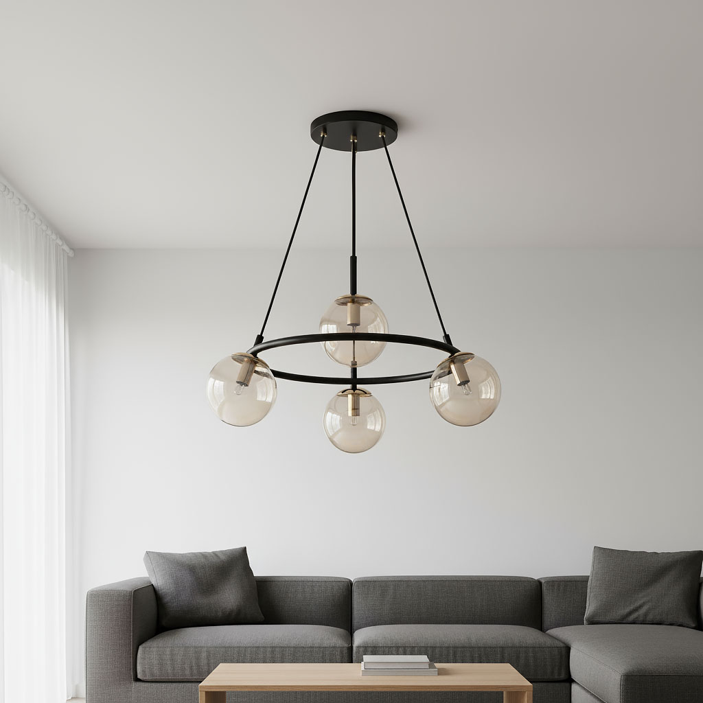 Lampa wisząca Ringo z czarnym stelażem i bursztynowymi, szklanymi kloszami. Posiada cztery źródła światła E14, zawieszona na trzech linkach, z okrągłą podstawą. W tle widoczna szara kanapa i jasne ściany.