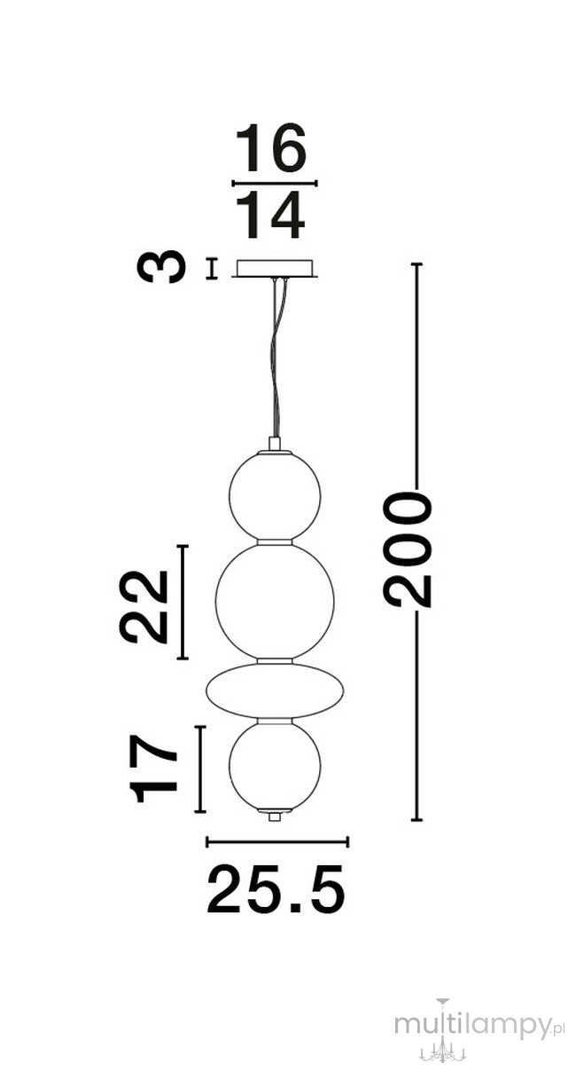 Lampa wisząca Morros 1xLED 20W w kolorze złotym, zbudowana z trzech kulistych elementów o różnych średnicach. Ujęcie frontalne, wisząca na cienkim kablu, z wymiarami: wysokość 200 cm, średnica 25,5 cm. Prosta konstrukcja, nowoczesny design.
