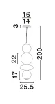 Lampa wisząca Morros 1xLED 20W w kolorze złotym, zbudowana z trzech kulistych elementów o różnych średnicach. Ujęcie frontalne, wisząca na cienkim kablu, z wymiarami: wysokość 200 cm, średnica 25,5 cm. Prosta konstrukcja, nowoczesny design.