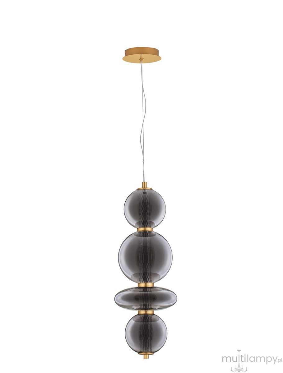 Lampa wisząca Morros 1xLED 20W w kolorze złotym. Składa się z trzech przezroczystych, szklanych kul o ciemnym odcieniu, zawieszonych na cienkim przewodzie. U góry znajduje się okrągła, złota podsufitka.