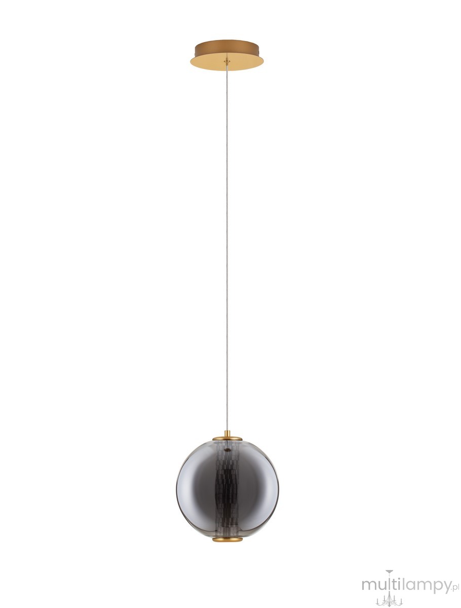 Lampa wisząca Morros 1xLED 8W w kolorze złotym, z przezroczystym, okrągłym kloszem. Zawieszona na cienkim, białym przewodzie, z mocowaniem sufitowym w złotym odcieniu. Klosz z delikatnym wzorem, lekko dymiony, tworzy elegancki efekt świetlny.
