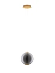 Lampa wisząca Morros 1xLED 8W w kolorze złotym, z przezroczystym, okrągłym kloszem. Zawieszona na cienkim, białym przewodzie, z mocowaniem sufitowym w złotym odcieniu. Klosz z delikatnym wzorem, lekko dymiony, tworzy elegancki efekt świetlny.